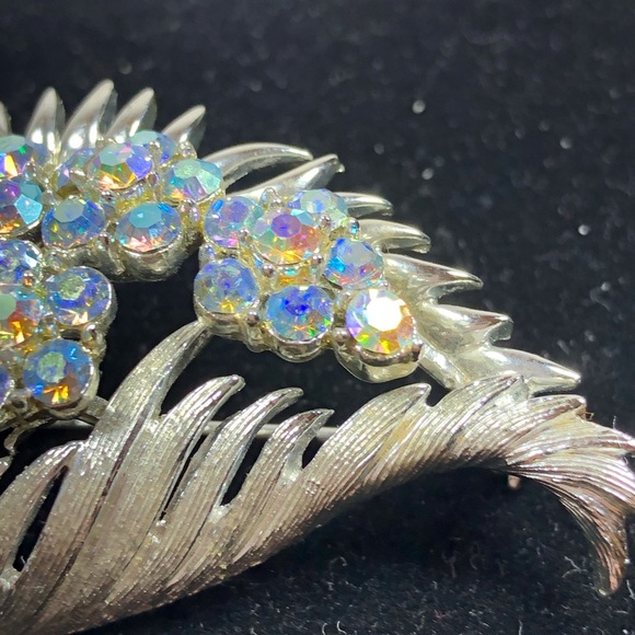 Vintage Coro Silver and AB Rhinestone Leaf Brooch